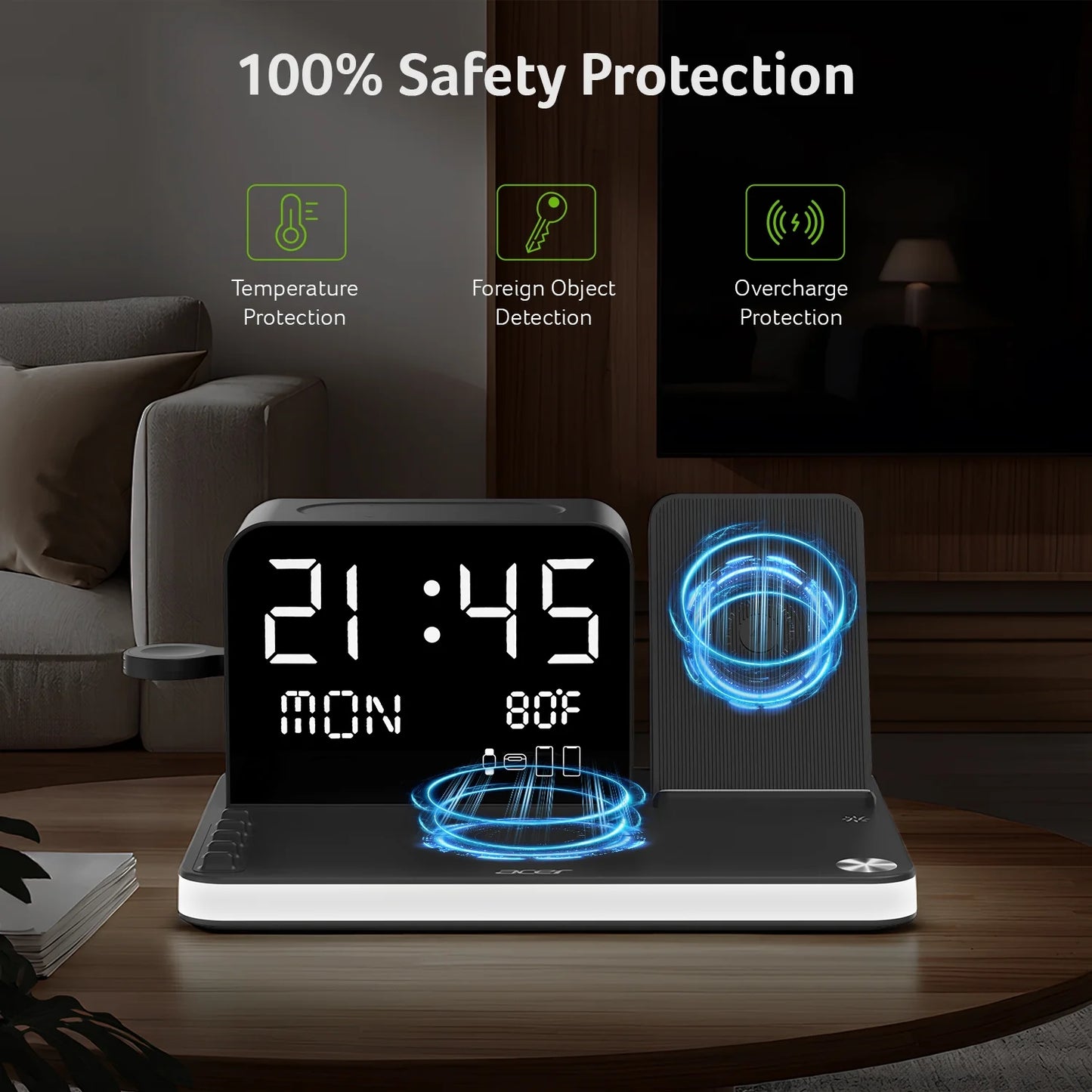 7-in-1 Wireless Charging Station for Apple Devices - iPhone, Apple Watch, and AirPods with Integrated Clock and Night Light