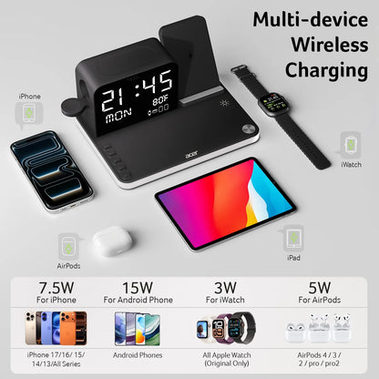 7-in-1 Wireless Charging Station for Apple Devices - iPhone, Apple Watch, and AirPods with Integrated Clock and Night Light