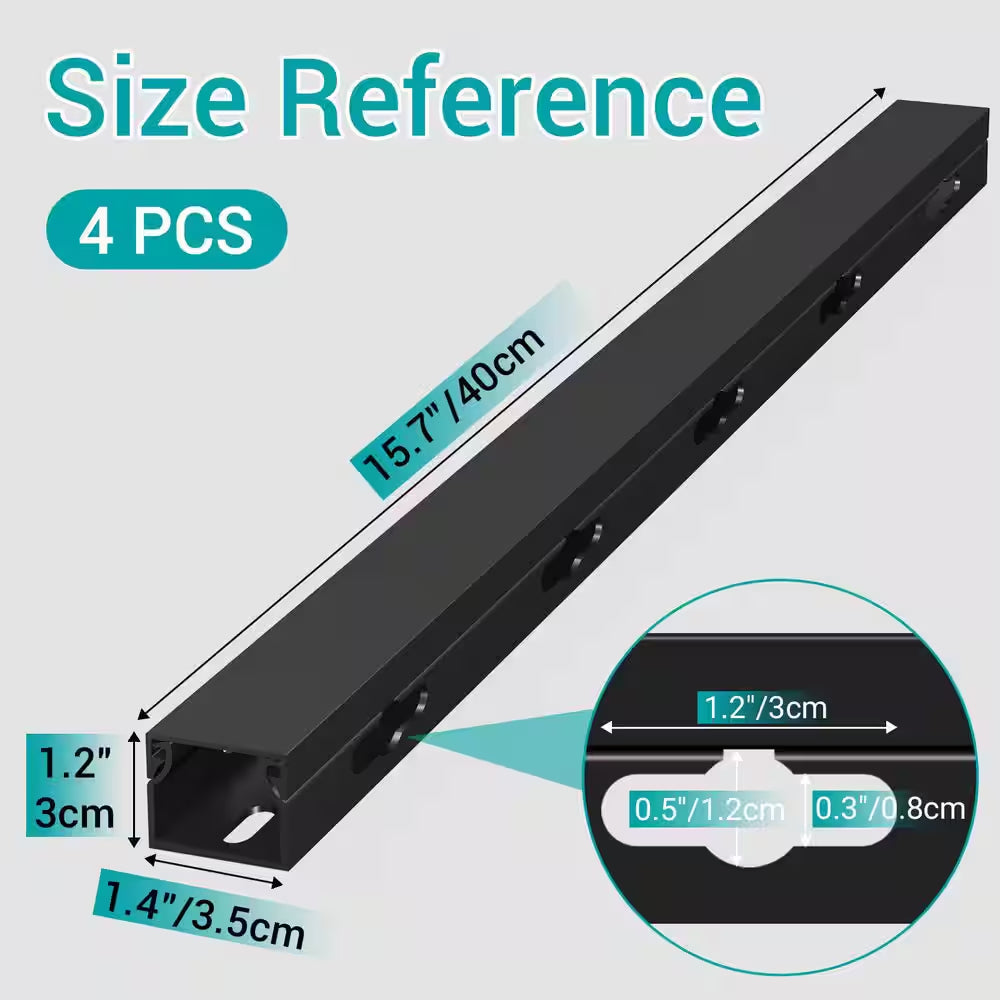 Magnetic Cable Raceway Kit for Under-Desk Management - 4-Piece Black Cord Organizer with Large Holes for Desk and TV Cables