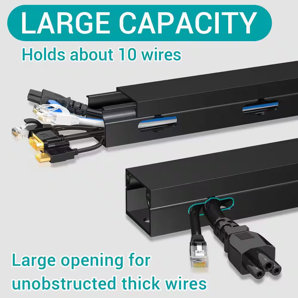 Magnetic Cable Raceway Kit for Under-Desk Management - 4-Piece Black Cord Organizer with Large Holes for Desk and TV Cables