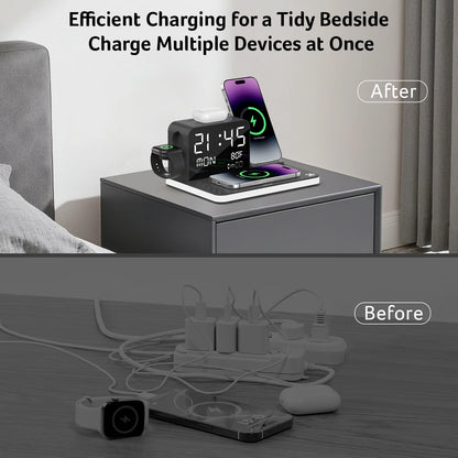 7-in-1 Wireless Charging Station for Apple Devices - iPhone, Apple Watch, and AirPods with Integrated Clock and Night Light