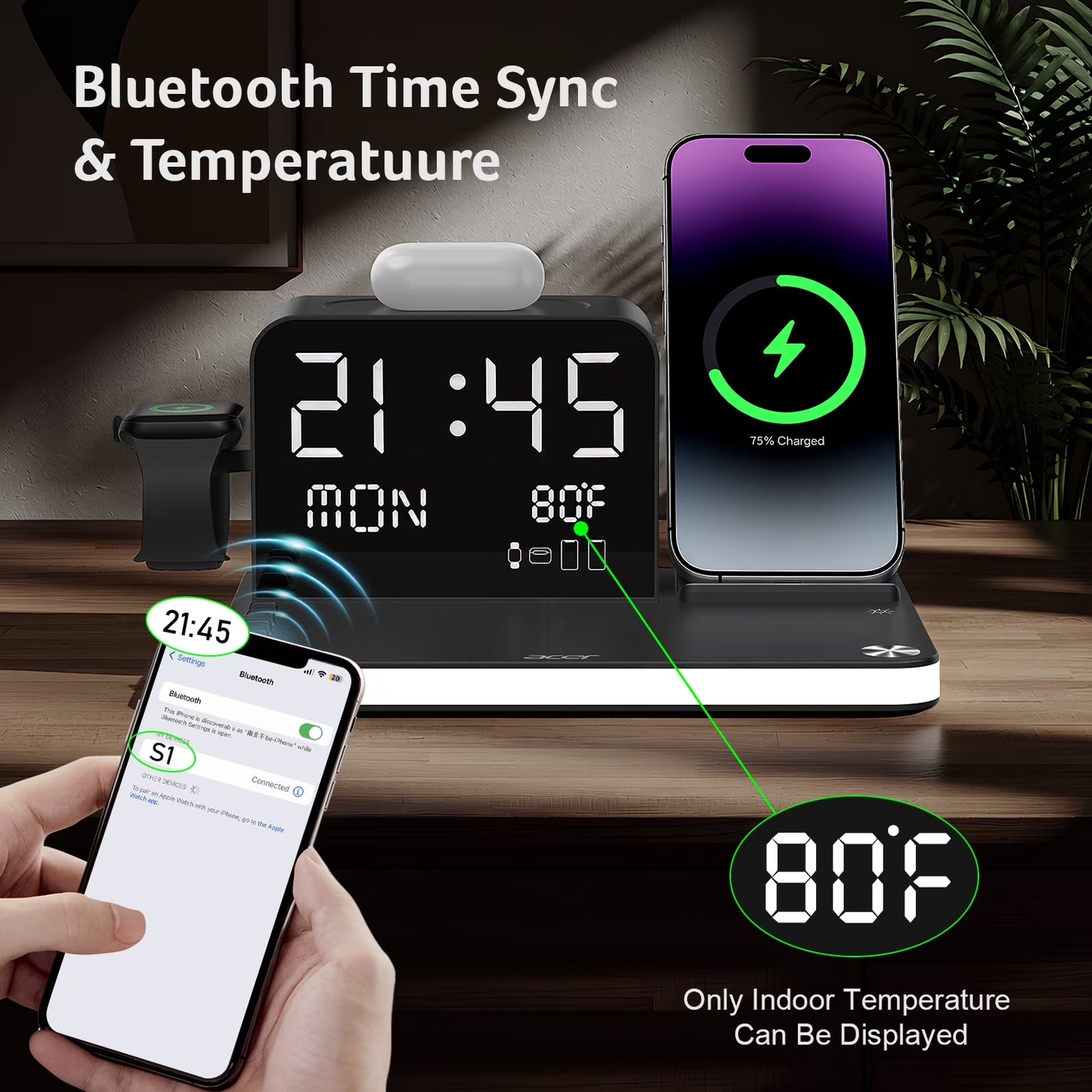 7-in-1 Wireless Charging Station for Apple Devices - iPhone, Apple Watch, and AirPods with Integrated Clock and Night Light
