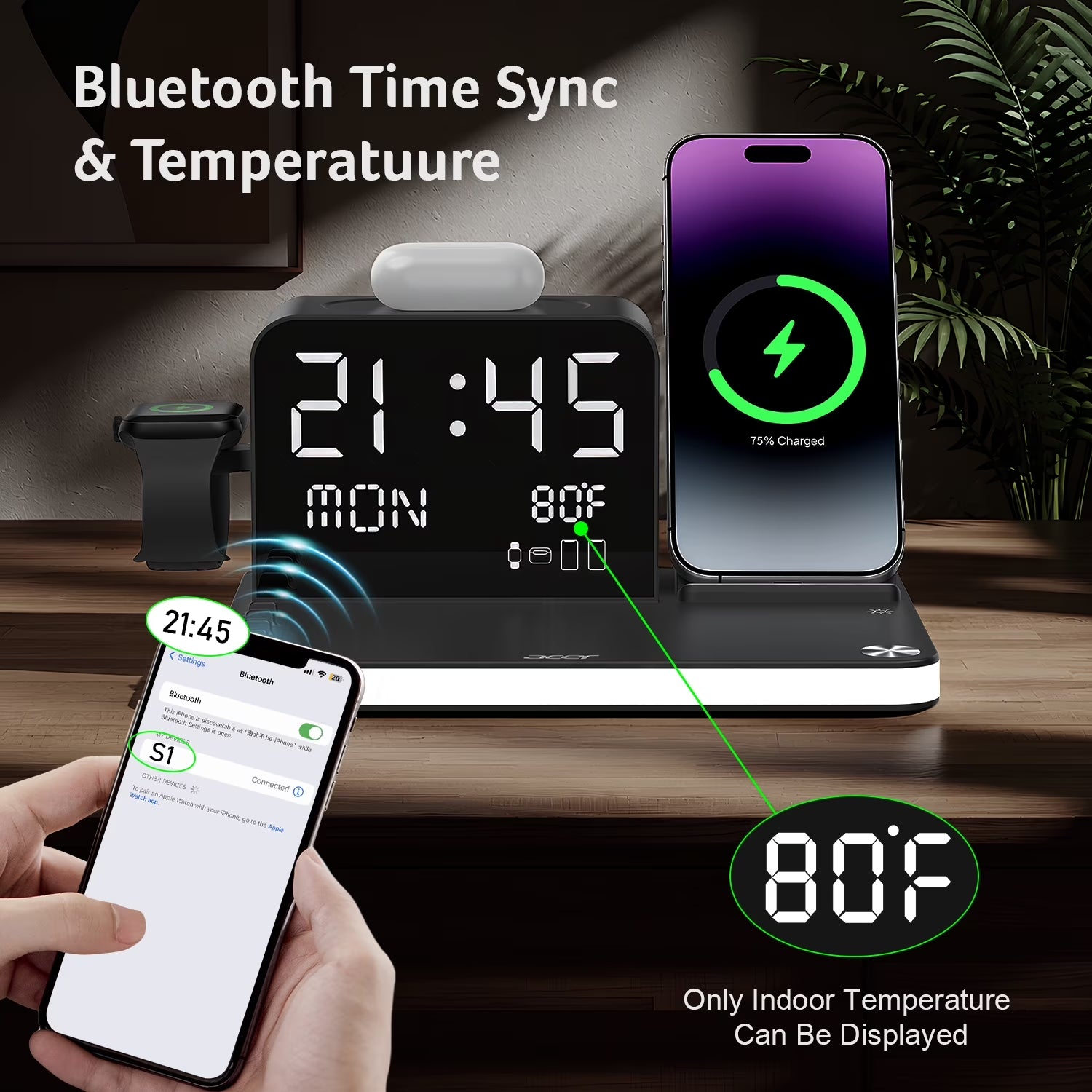 7-in-1 Wireless Charging Station for Apple Devices - iPhone, Apple Watch, and AirPods with Integrated Clock and Night Light