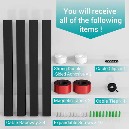 Magnetic Cable Raceway Kit for Under-Desk Management - 4-Piece Black Cord Organizer with Large Holes for Desk and TV Cables