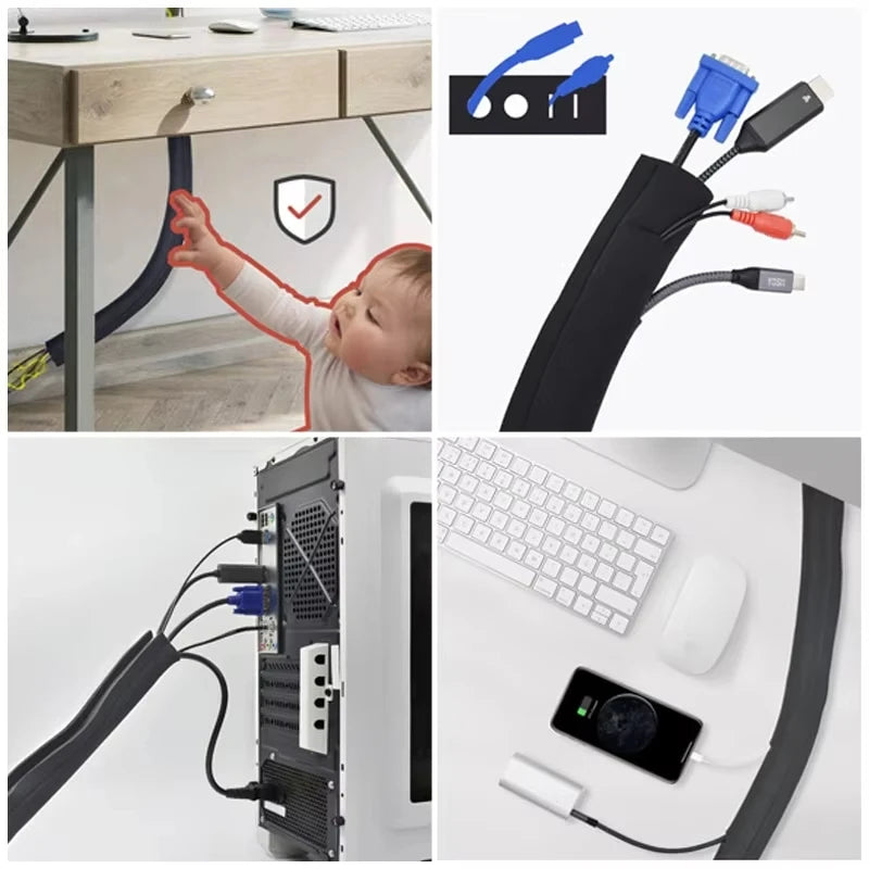 50cm Black Insulated Cable Organizer Sleeve for TV and Computer - Zippered Storage Solution for Office Cable Management