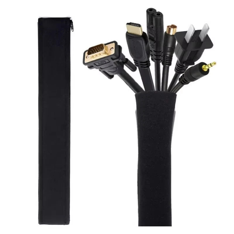 50cm Black Insulated Cable Organizer Sleeve for TV and Computer - Zippered Storage Solution for Office Cable Management