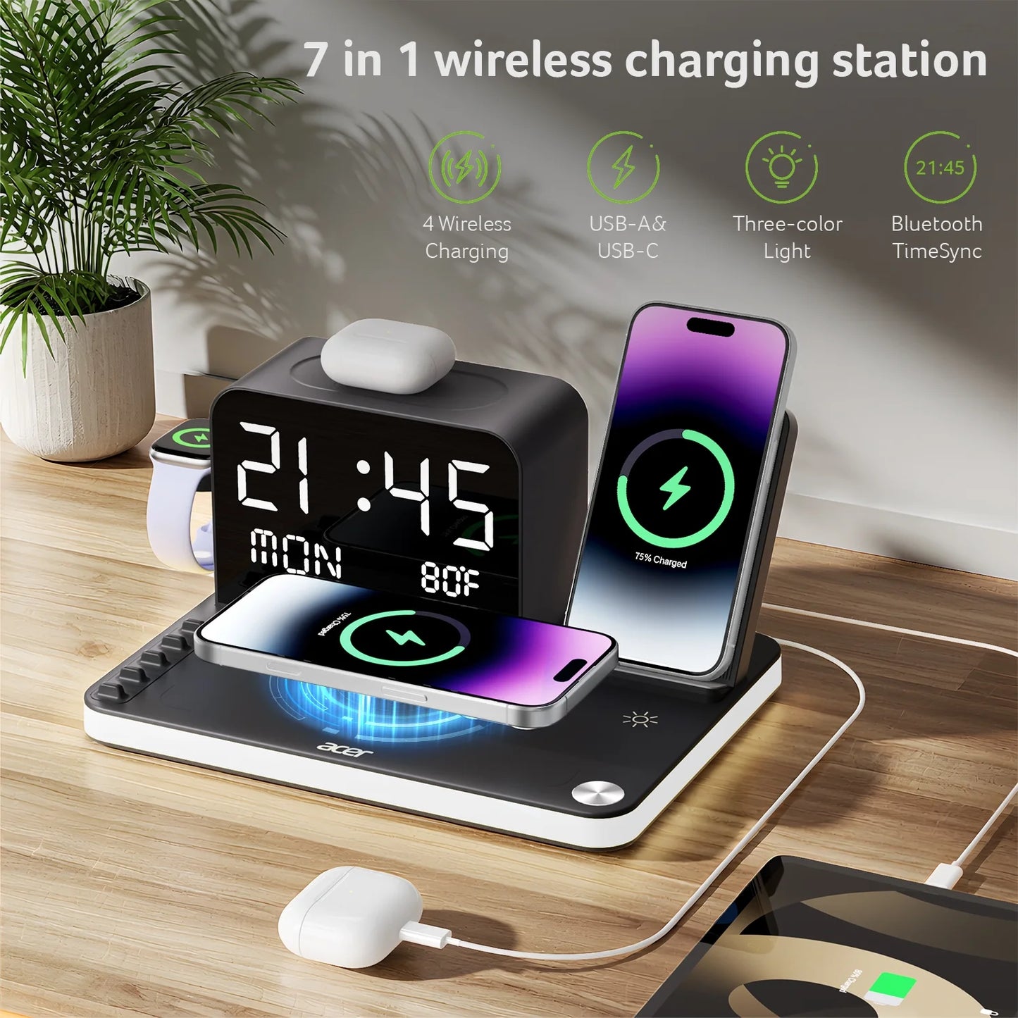 7-in-1 Wireless Charging Station for Apple Devices - iPhone, Apple Watch, and AirPods with Integrated Clock and Night Light