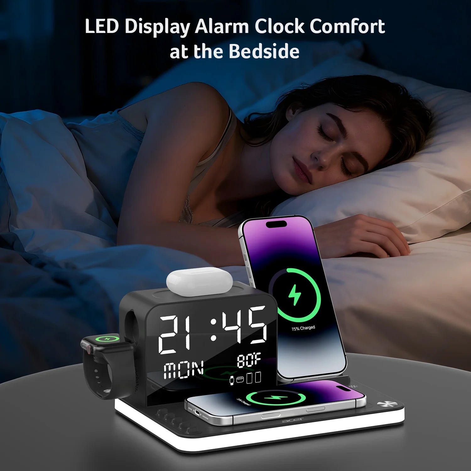 7-in-1 Wireless Charging Station for Apple Devices - iPhone, Apple Watch, and AirPods with Integrated Clock and Night Light