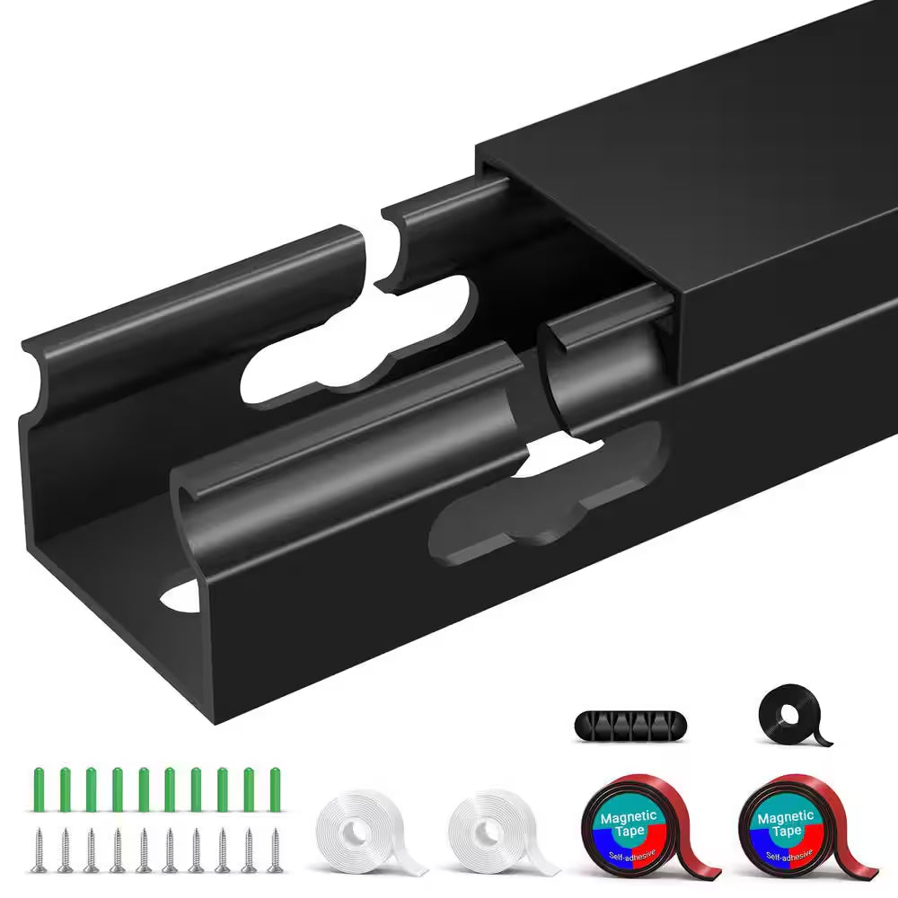 Magnetic Cable Raceway Kit for Under-Desk Management - 4-Piece Black Cord Organizer with Large Holes for Desk and TV Cables