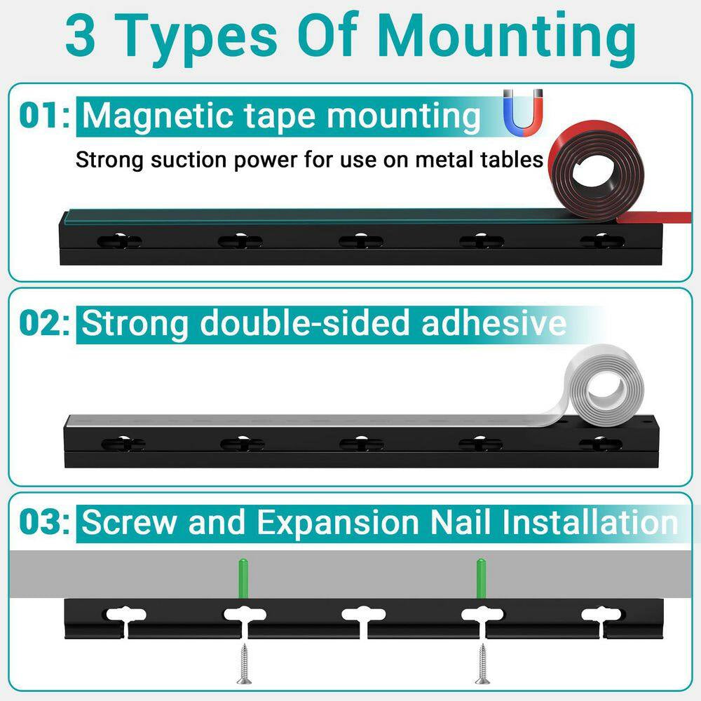Magnetic Cable Raceway Kit for Under-Desk Management - 4-Piece Black Cord Organizer with Large Holes for Desk and TV Cables