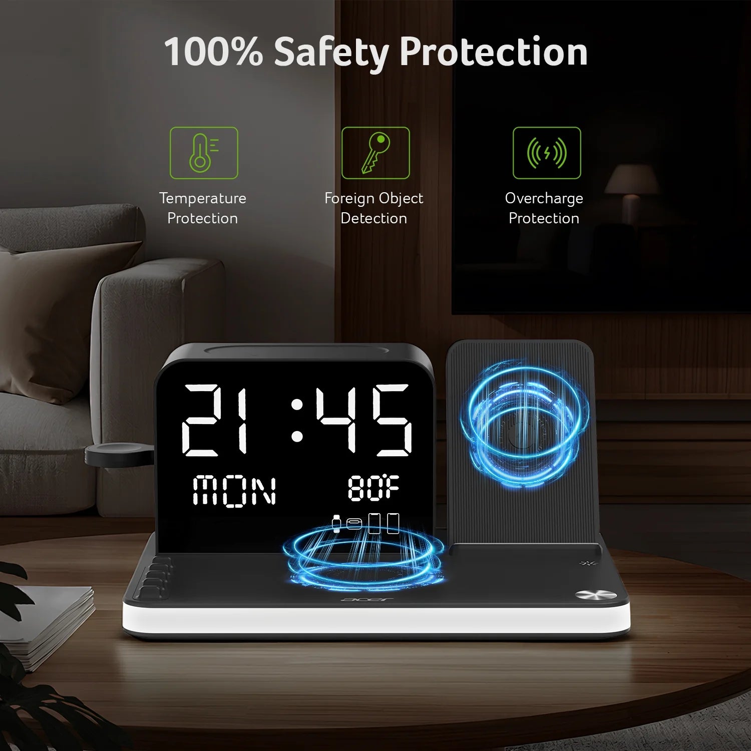 7-in-1 Wireless Charging Station for Apple Devices - iPhone, Apple Watch, and AirPods with Integrated Clock and Night Light