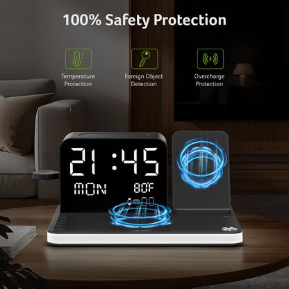 7-in-1 Wireless Charging Station for Apple Devices - iPhone, Apple Watch, and AirPods with Integrated Clock and Night Light