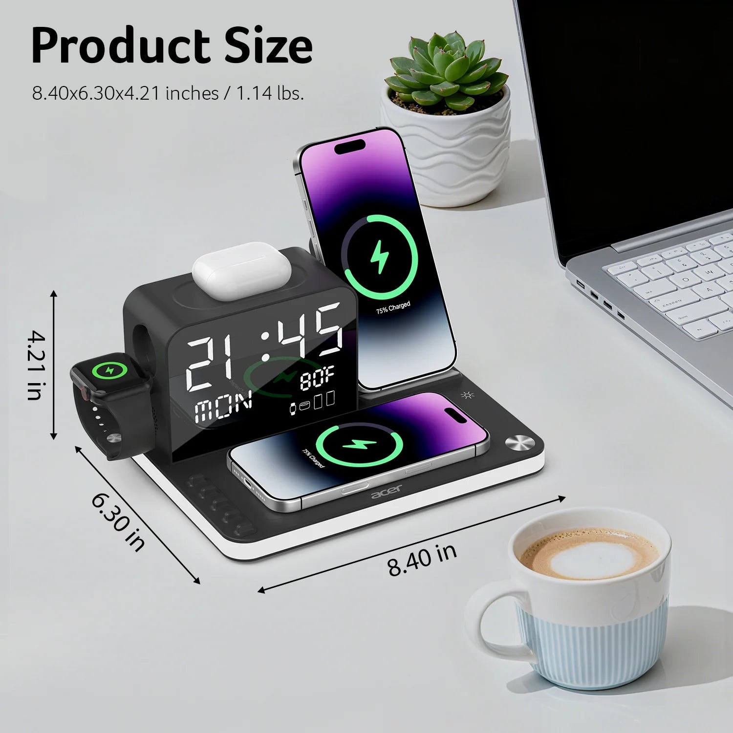 7-in-1 Wireless Charging Station for Apple Devices - iPhone, Apple Watch, and AirPods with Integrated Clock and Night Light